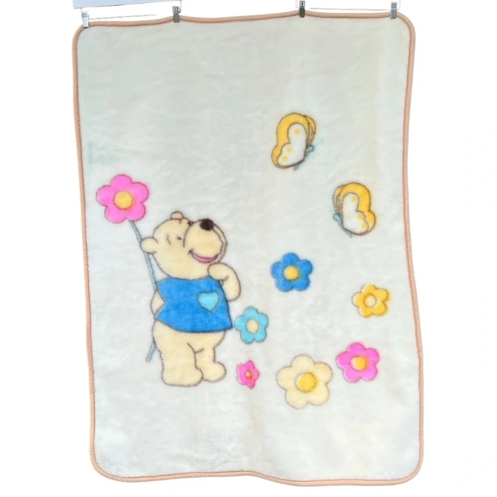 VTG Minky Kawaii Bear Butterflies Flowers Plush Blanket Colorful Soft 41x57 GUC